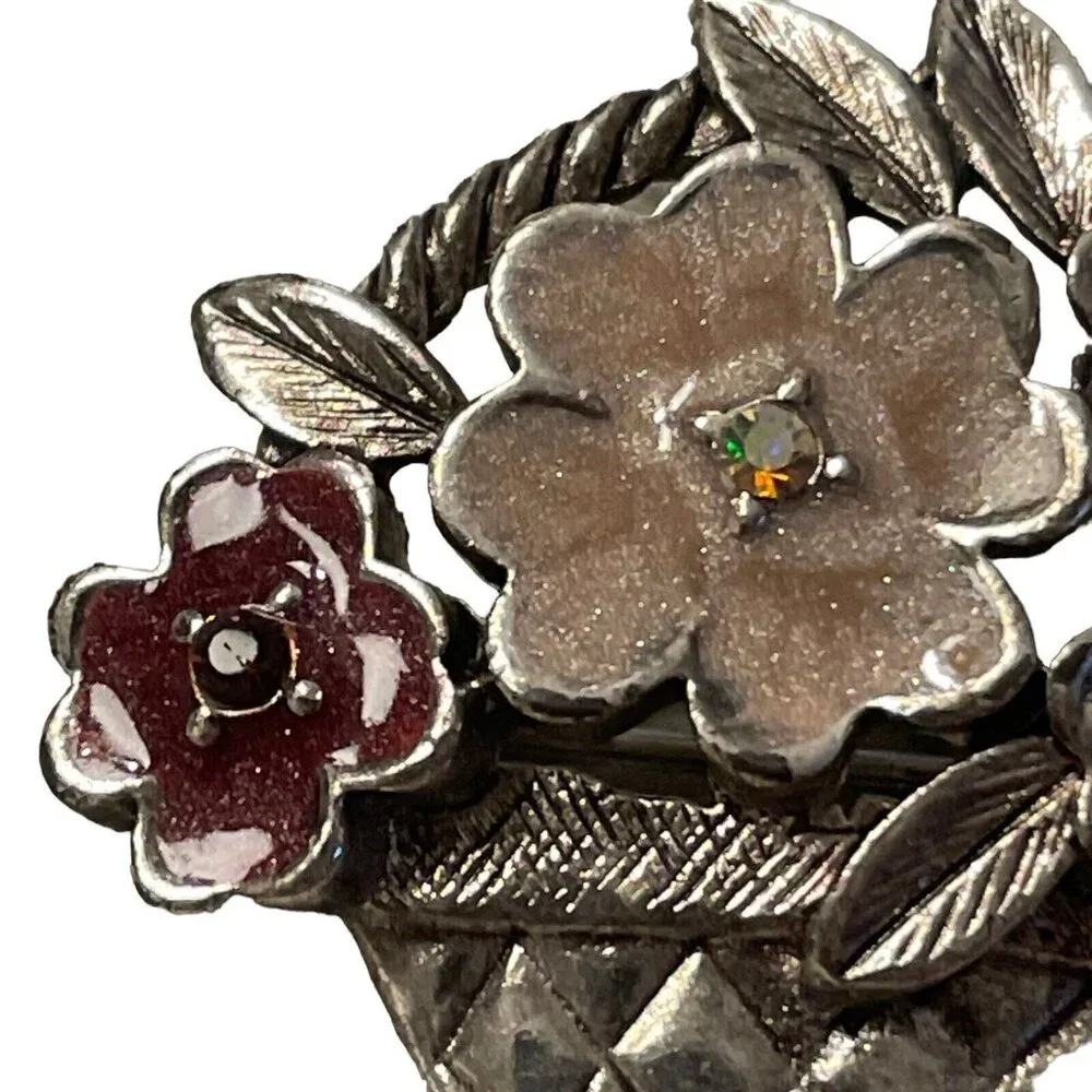 Liz Claiborne Shimmer Enamel Flower Basket Brooch w/‎ AB Rhinestones Silver Tone